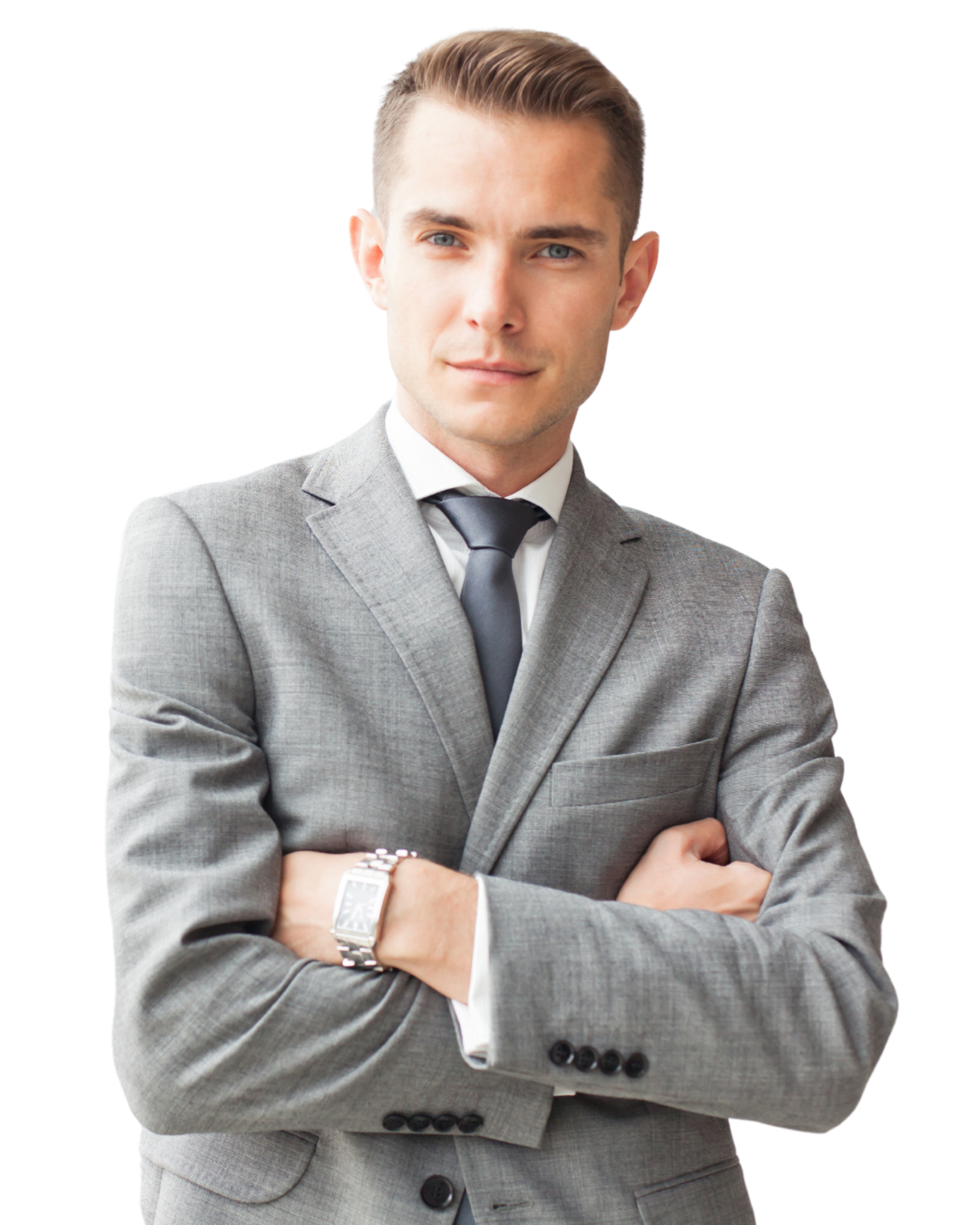 Man met lichtgrijs pak en zwarte stropdas, met gekruiste armen en een zelfverzekerde blik naar de camera.